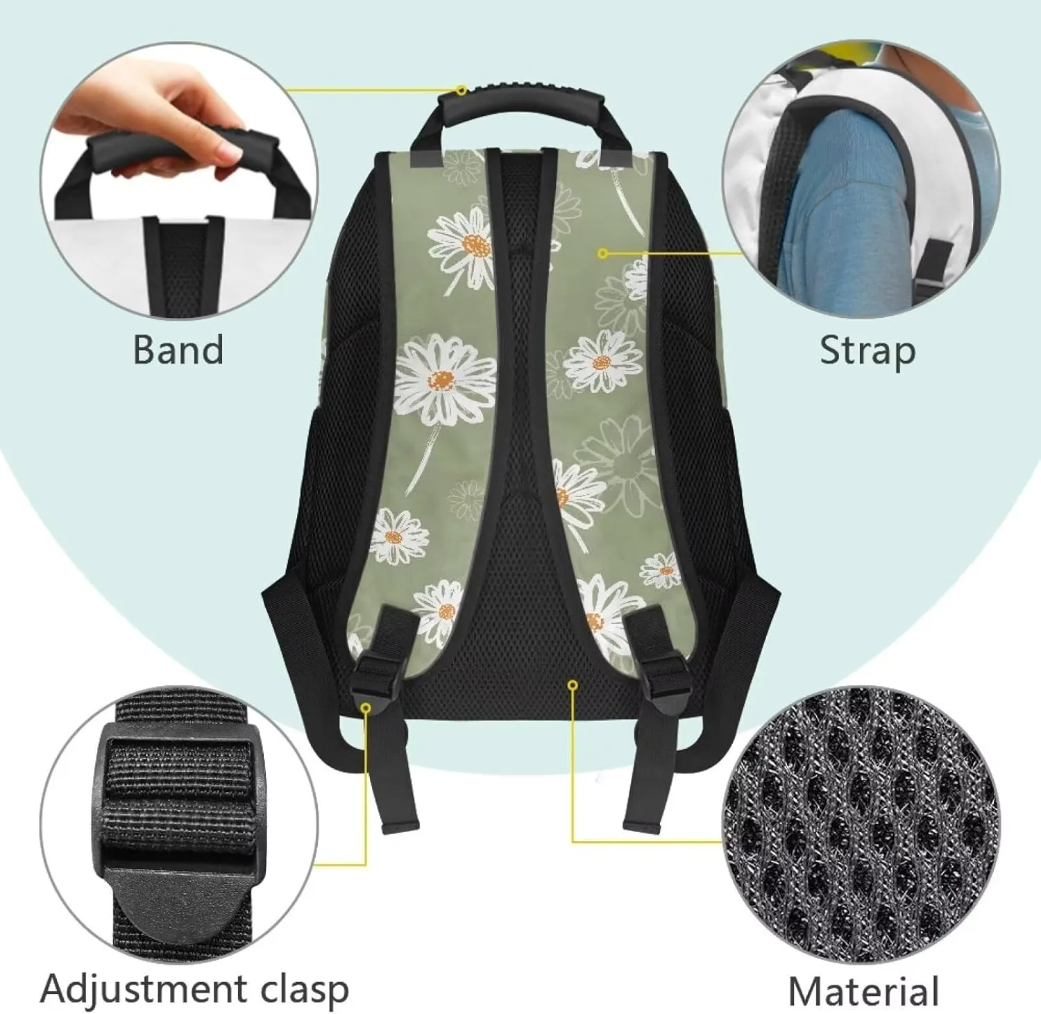 Lightweight Backpack for Teen Girls & Boys - School Bag Fit 15.6 Inch Laptop Compartment, 2 Elastic Side Pockets & Front Pockets Organizer (17.3x12.2x5.9in) Aesthetic Daisy Print Green