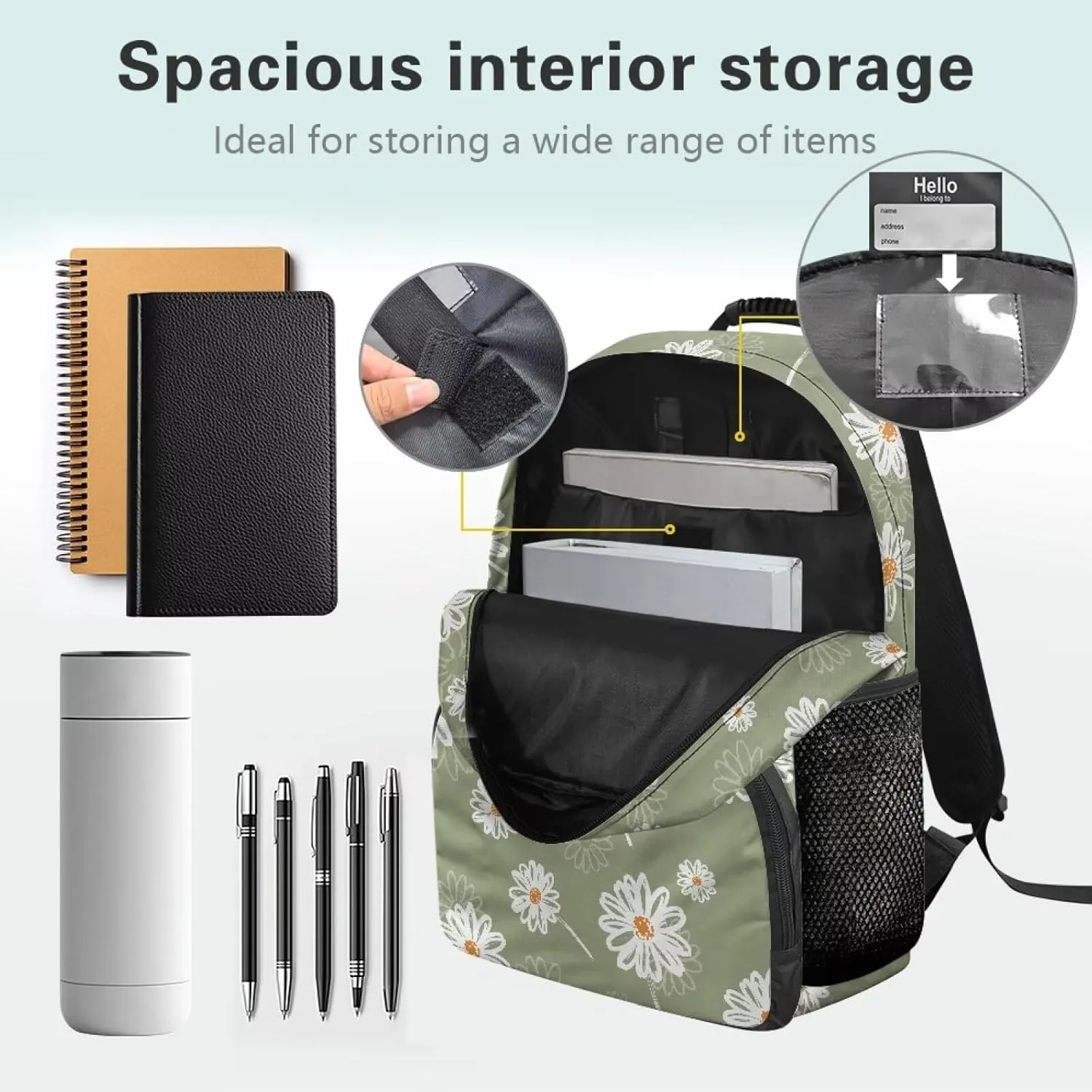 Lightweight Backpack for Teen Girls & Boys - School Bag Fit 15.6 Inch Laptop Compartment, 2 Elastic Side Pockets & Front Pockets Organizer (17.3x12.2x5.9in) Aesthetic Daisy Print Green