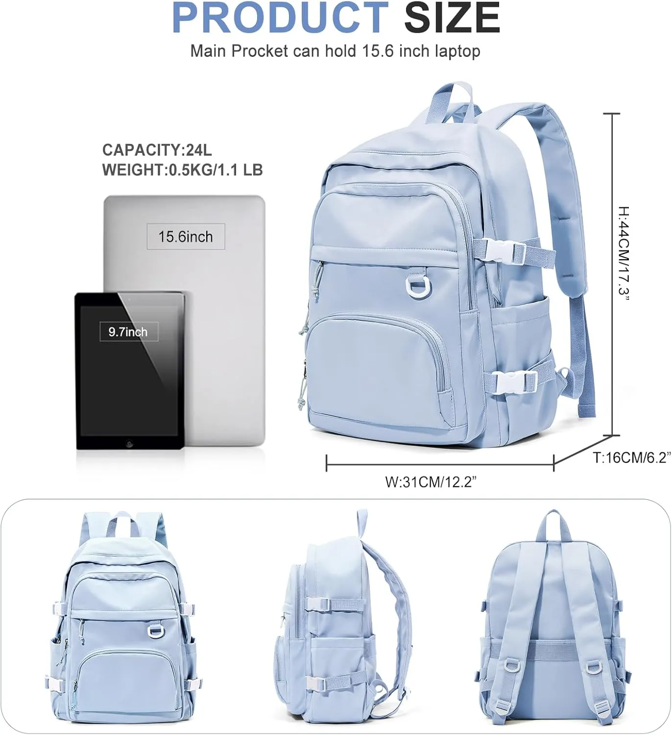 Lightweight College Backpack for Women Men Cute School Bag for Teens Girls Boys High School Backpack for Students Waterproof Casual Daypack Backpack（Milky Blue）