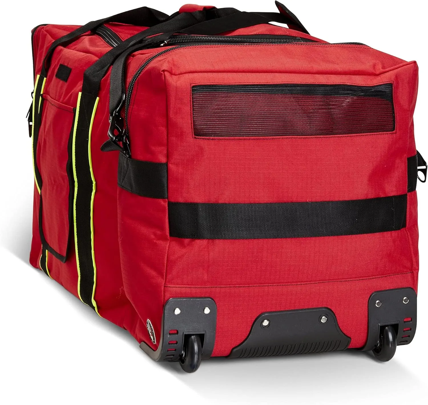 LINE2design Wheeled Firefighter Jumbo turnout Gear Bag with Reflective Trim, Front Pocket and Maltese Cross Logo - Red
