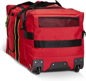 LINE2design Wheeled Firefighter Jumbo turnout Gear Bag with Reflective Trim, Front Pocket and Maltese Cross Logo - Red