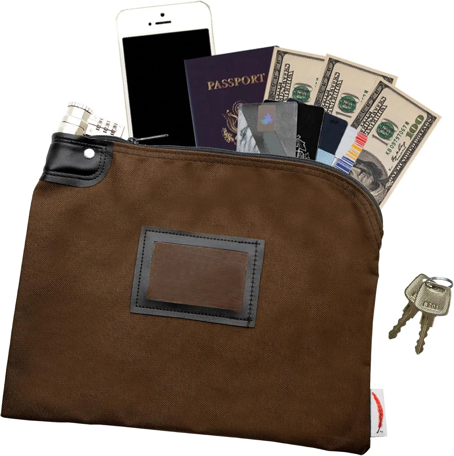 Locking Bank Bag, Water Repellent Denier Nylon, 9 x 12 Inch (Brown)