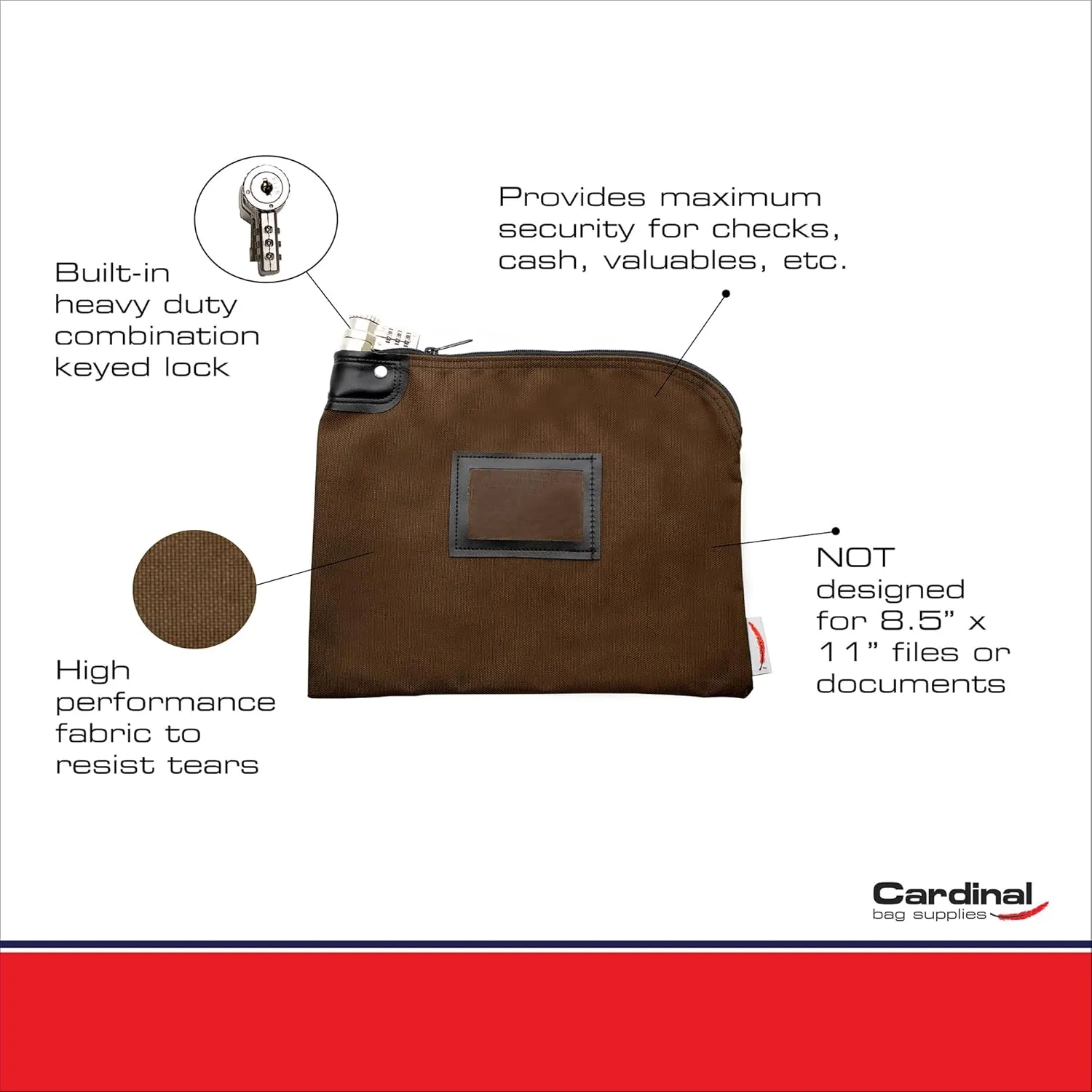 Locking Bank Bag, Water Repellent Denier Nylon, 9 x 12 Inch (Brown)