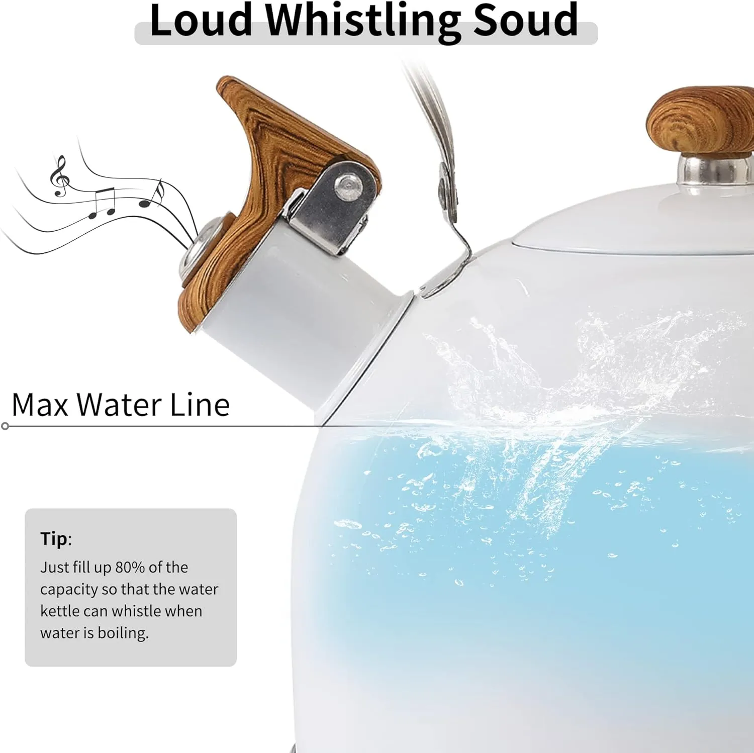 LONFFERY Tea Kettle, 2.5 Quart Whistling Tea Kettle, Tea Pots for Stove Top Food Grade Stainless Steel with Wood Pattern Folding Handle - White