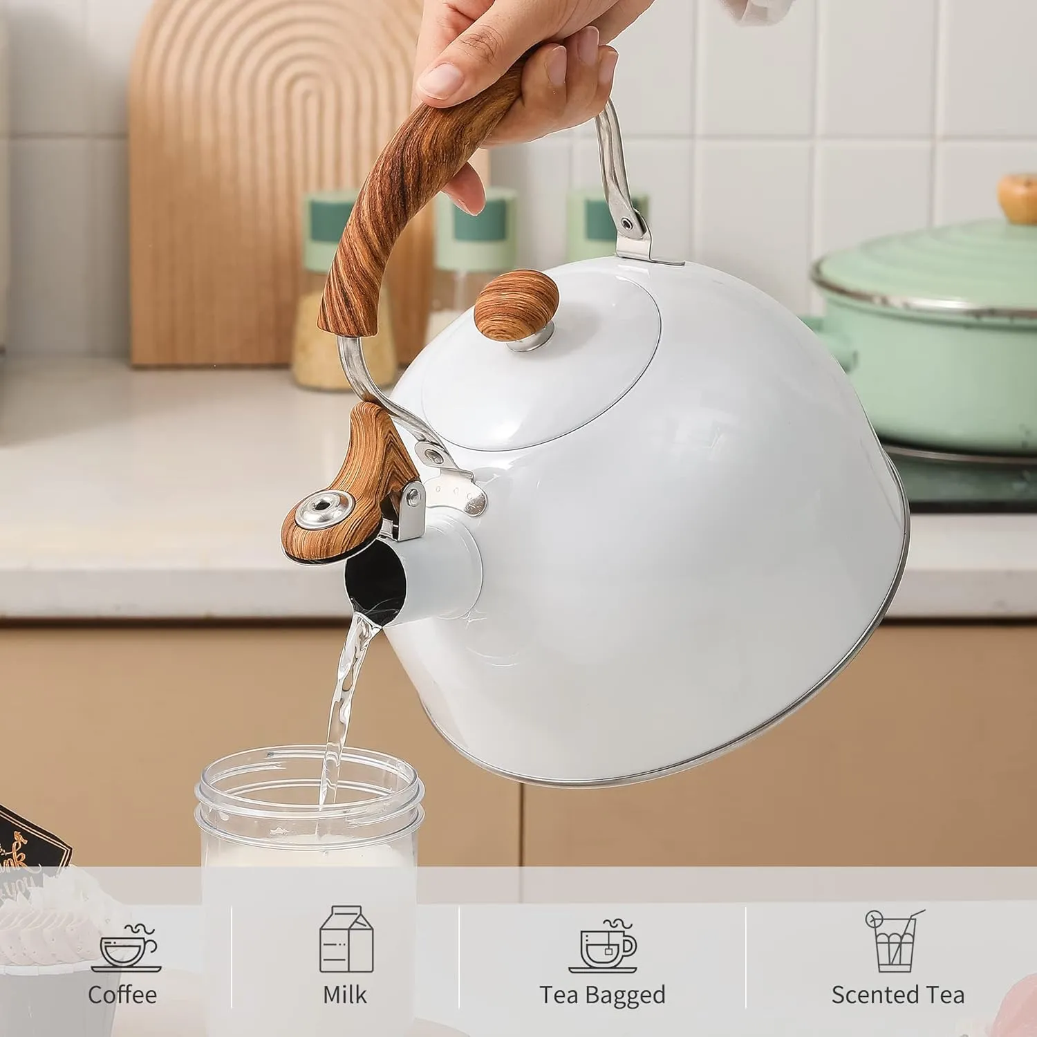 LONFFERY Tea Kettle, 2.5 Quart Whistling Tea Kettle, Tea Pots for Stove Top Food Grade Stainless Steel with Wood Pattern Folding Handle - White