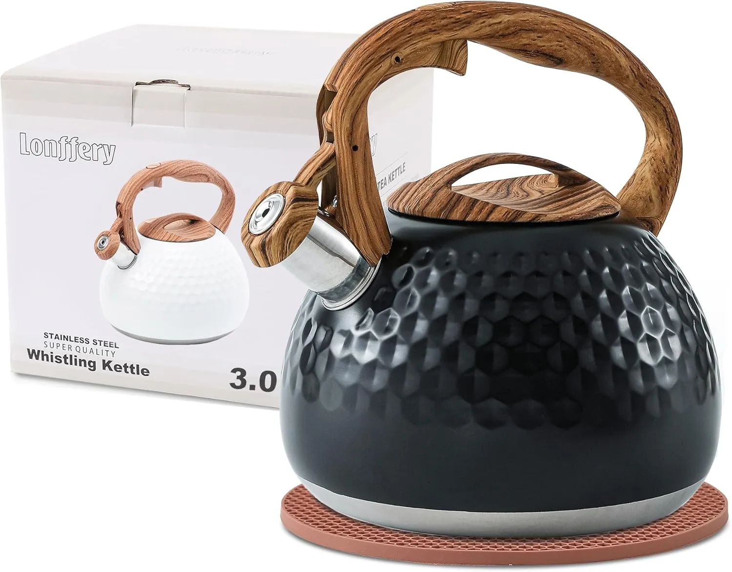 LONFFERY Tea Kettle for Stove Top, 3 Quart Whistling Tea Kettle, with Food Grade Stainless Steel and Wood Pattern Folding Handle, Black