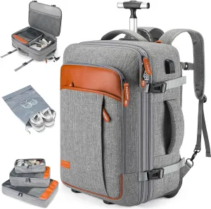 Lumesner rolling backpack, 17-inch water-resistant wheeled laptop backpack, carry-on luggage for business trips, overnight stays, or college use, a trolley suitcase for men and women，Grey