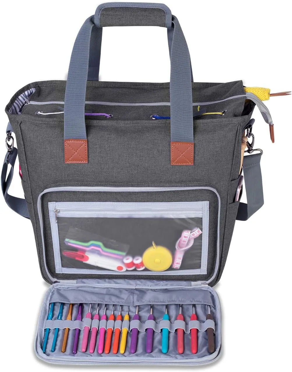 LUXJA Knitting Bag with Shoulder Straps, Yarn Bag for Carrying Projects, Knitting Needles, Crochet Hooks and Other Accessories, Gray