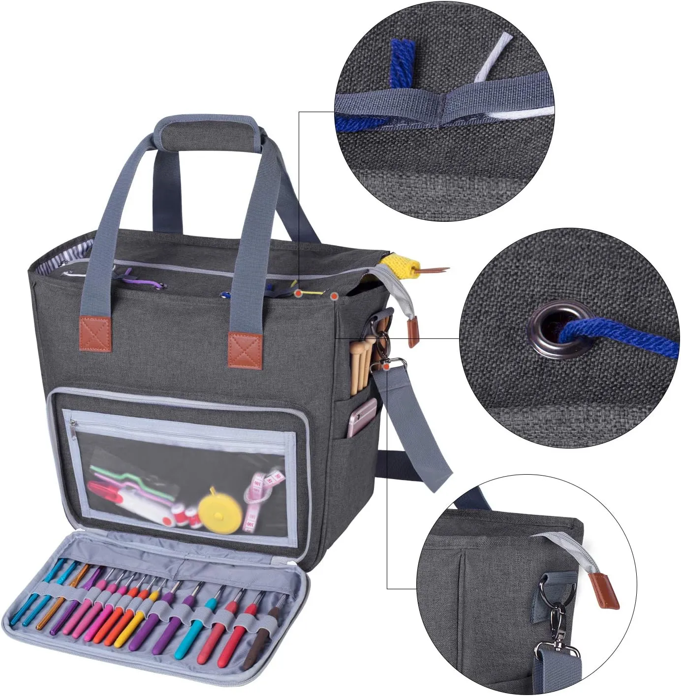 LUXJA Knitting Bag with Shoulder Straps, Yarn Bag for Carrying Projects, Knitting Needles, Crochet Hooks and Other Accessories, Gray