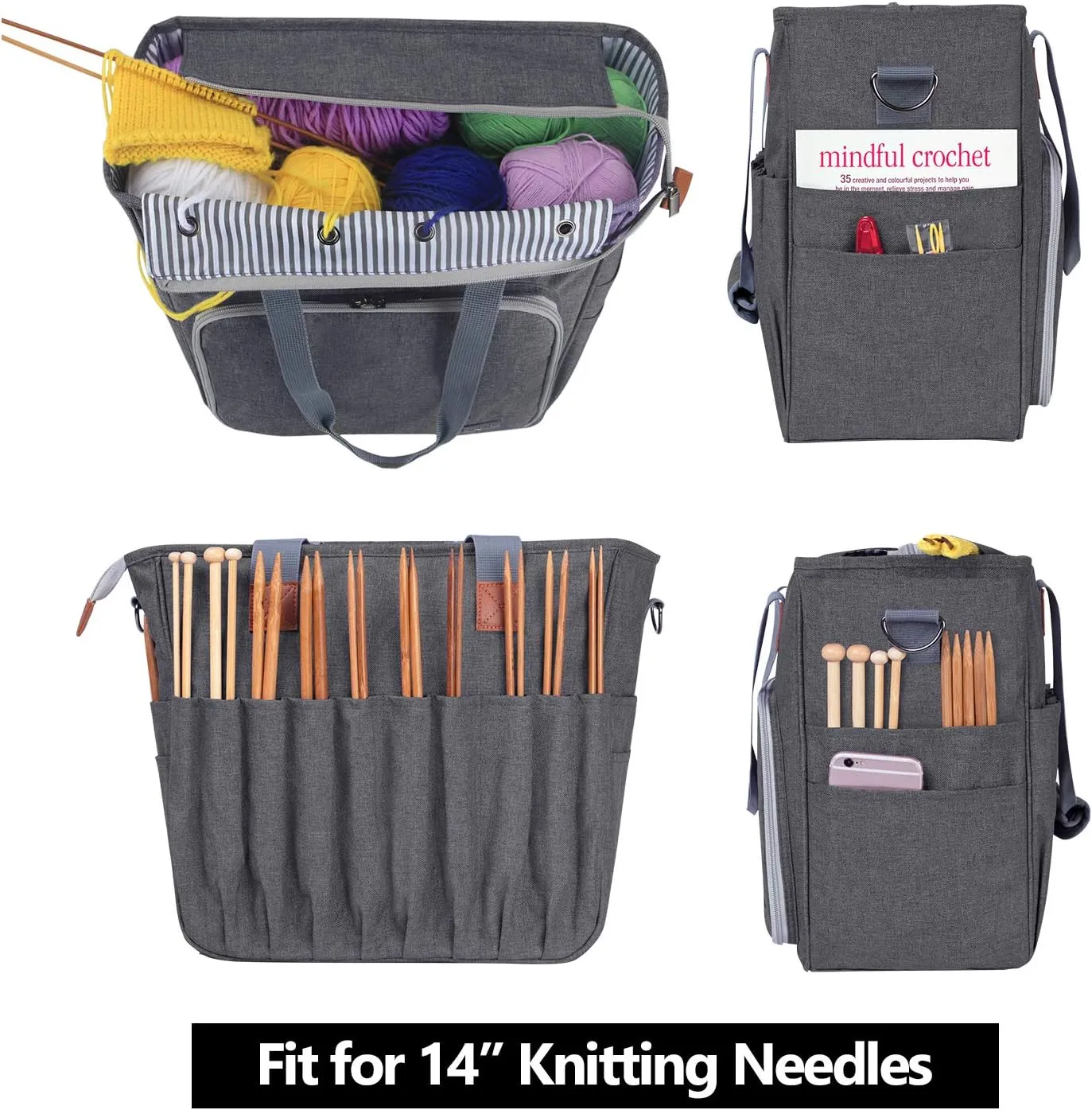 LUXJA Knitting Bag with Shoulder Straps, Yarn Bag for Carrying Projects, Knitting Needles, Crochet Hooks and Other Accessories, Gray