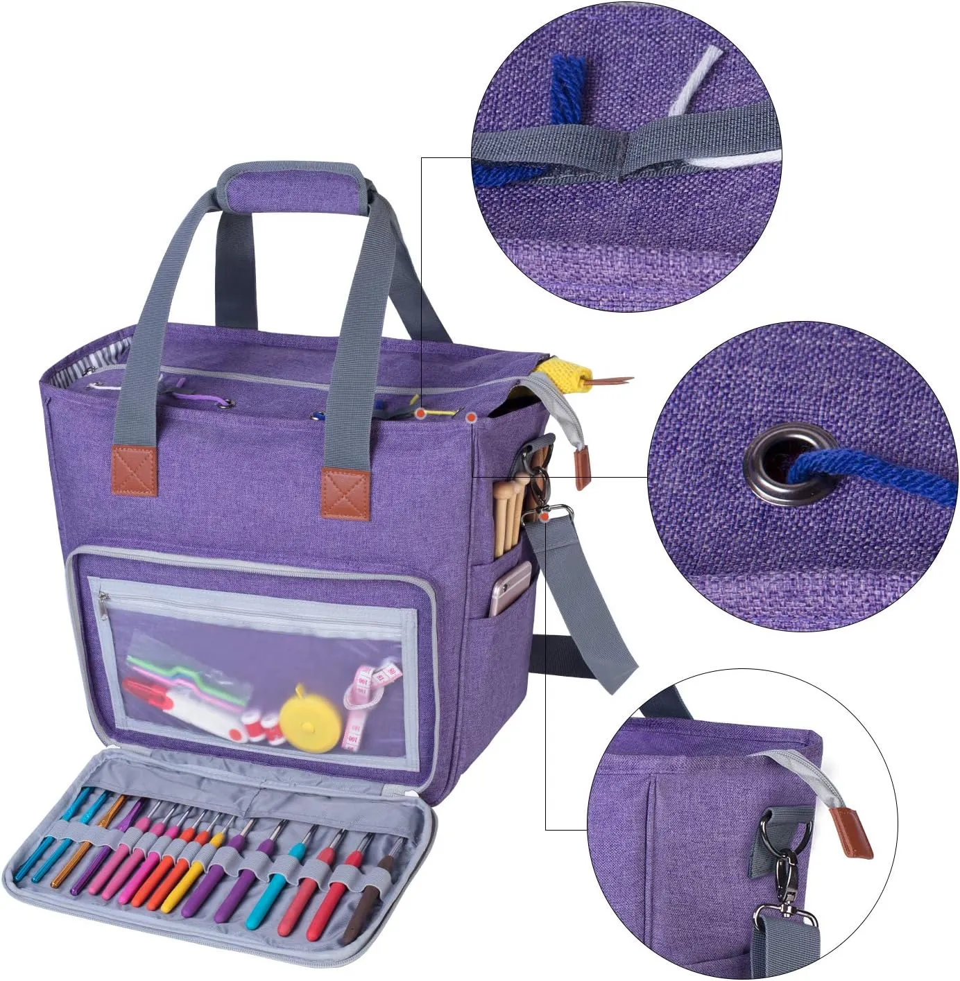 LUXJA Knitting Bag with Shoulder Straps, Yarn Bag for Carrying Projects, Knitting Needles, Crochet Hooks and Other Accessories, Purple