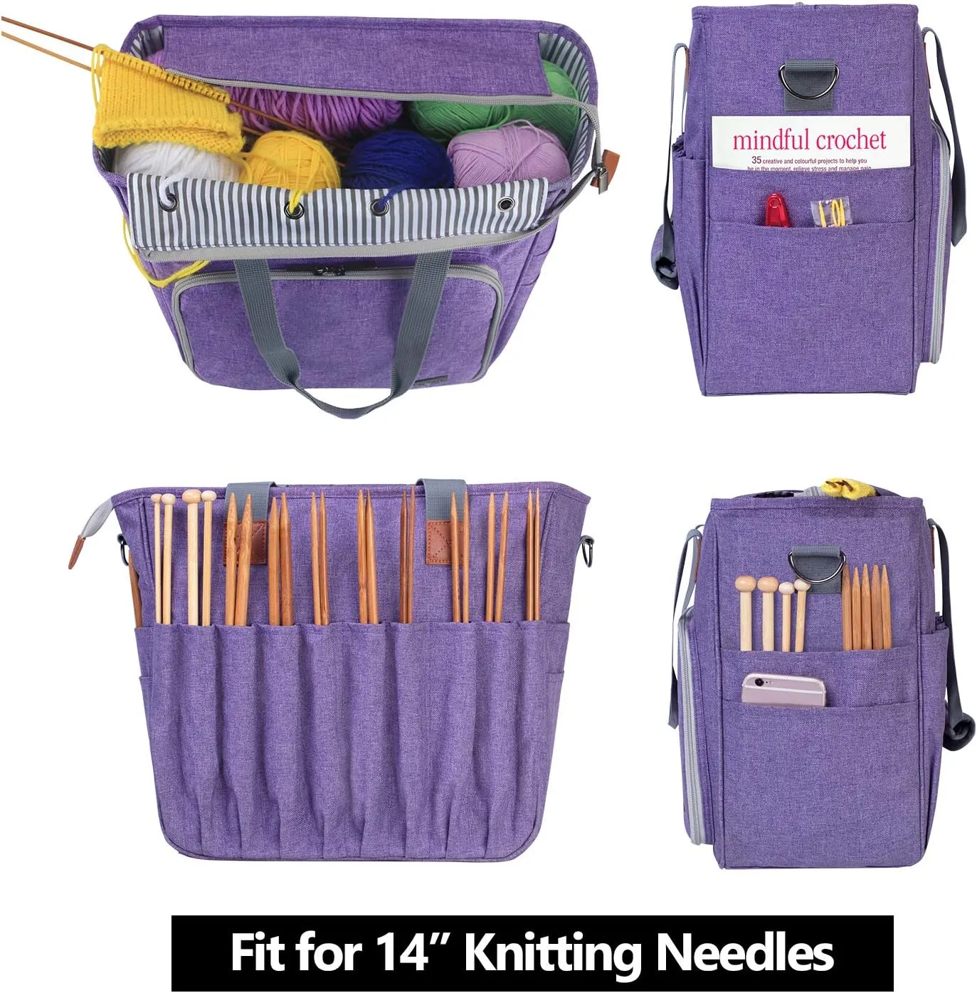 LUXJA Knitting Bag with Shoulder Straps, Yarn Bag for Carrying Projects, Knitting Needles, Crochet Hooks and Other Accessories, Purple
