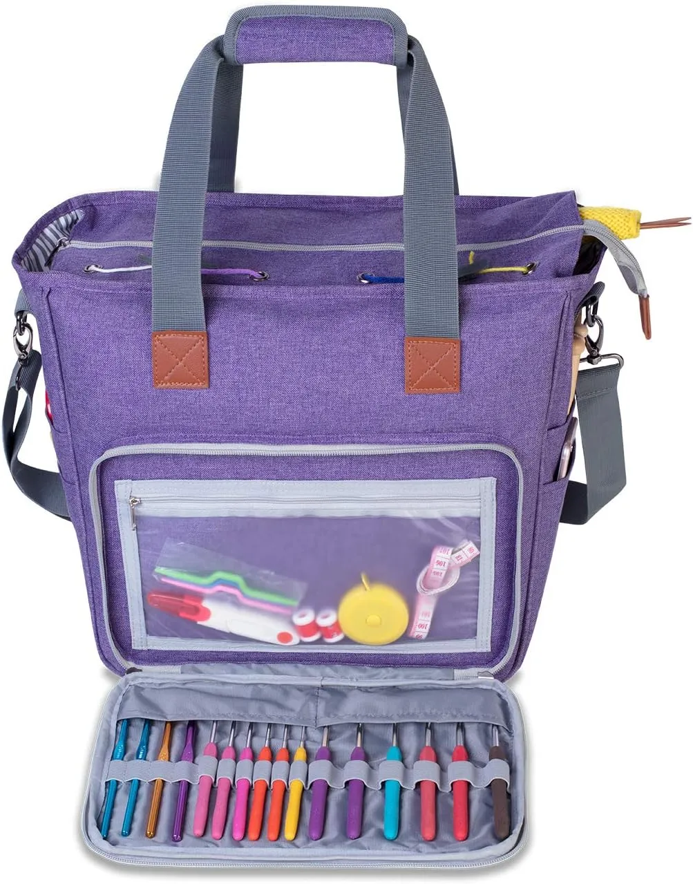 LUXJA Knitting Bag with Shoulder Straps, Yarn Bag for Carrying Projects, Knitting Needles, Crochet Hooks and Other Accessories, Purple