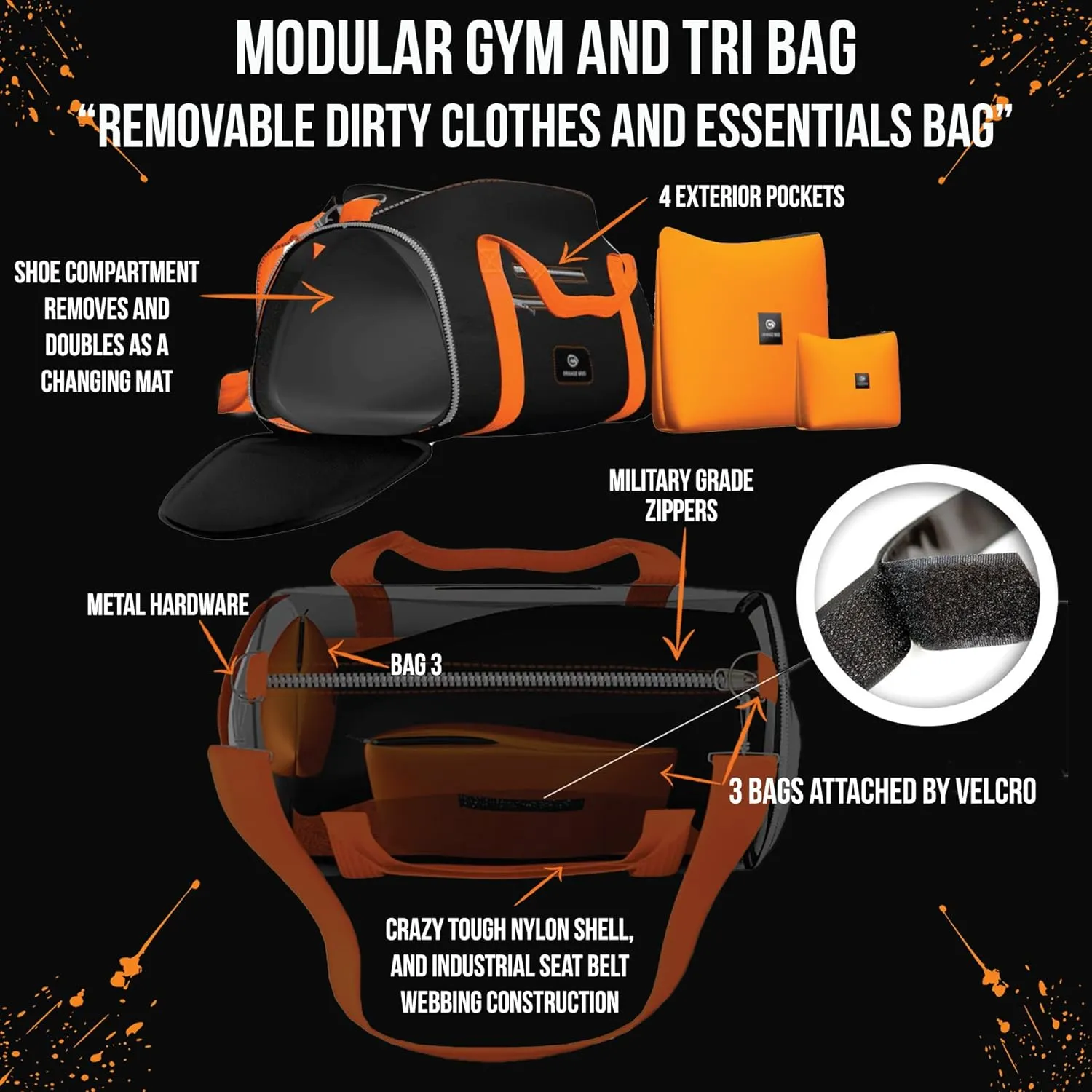 M Orange Mud Modular Gear and Gym Bag for Cyclist, Runners, Yoga, and General Outdoors. (Black on Black)