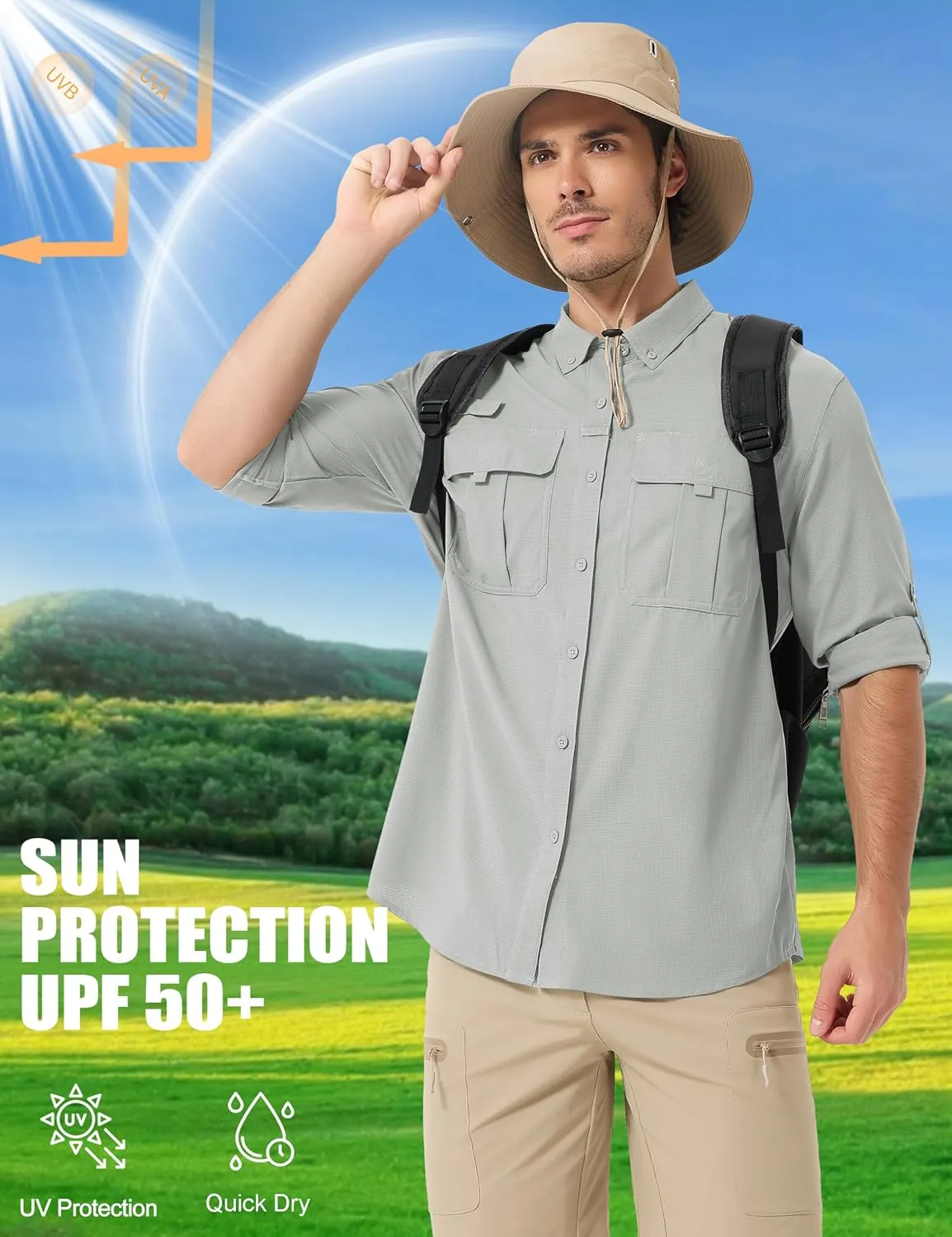 MAGCOMSEN Men's Sun Protection Fishing Shirts UPF 50  UV Quick Dry Long Sleeve Button Down Shirts Safari Hiking Travel