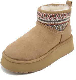 Mel&Syd Sheepskin Boots Boho Vintage Tribal Knitted Classic Ultra Mini Ankle Winter Boots Height Increasing Shoes for Women Rubber Anti-Slip Shearling Furry Snow Booties Comfortable Warm Breathable