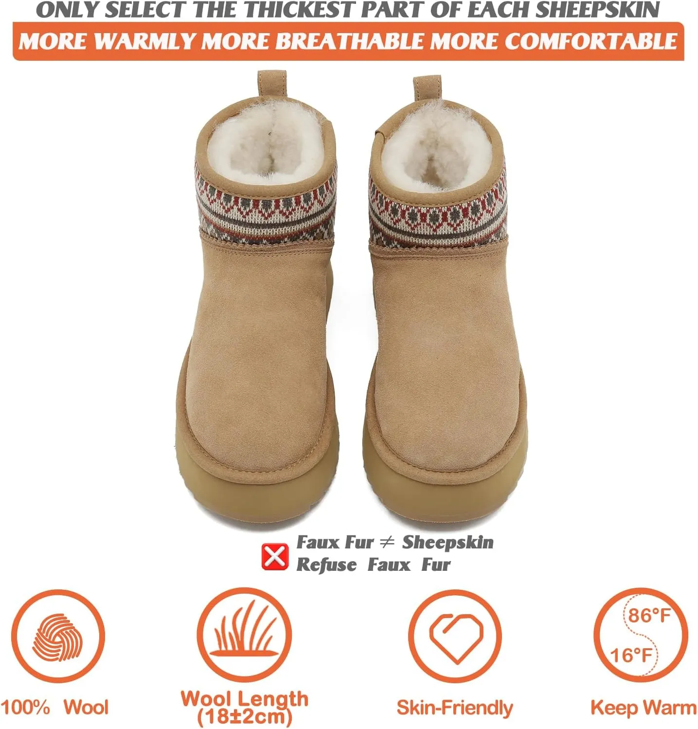 Mel&Syd Sheepskin Boots Boho Vintage Tribal Knitted Classic Ultra Mini Ankle Winter Boots Height Increasing Shoes for Women Rubber Anti-Slip Shearling Furry Snow Booties Comfortable Warm Breathable