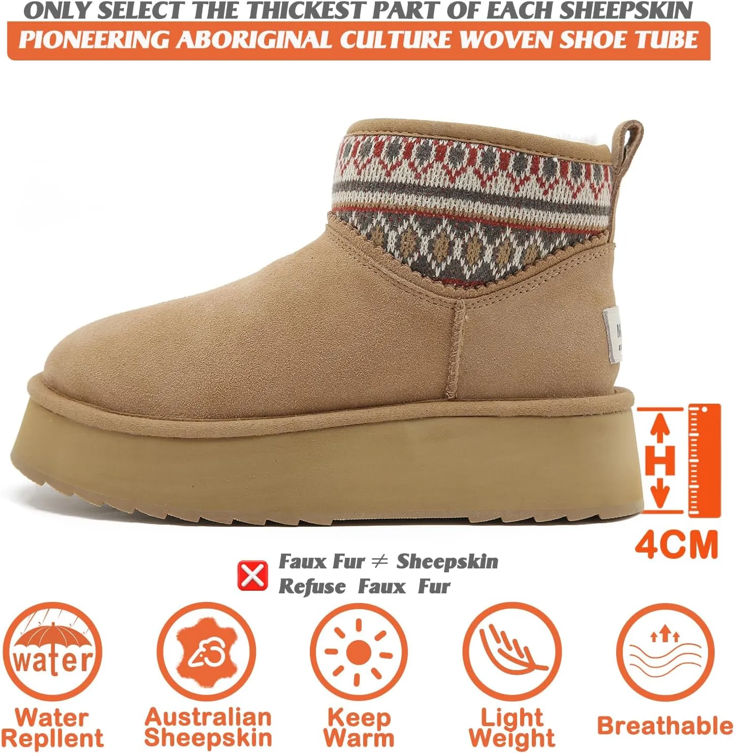 Mel&Syd Sheepskin Boots Boho Vintage Tribal Knitted Classic Ultra Mini Ankle Winter Boots Height Increasing Shoes for Women Rubber Anti-Slip Shearling Furry Snow Booties Comfortable Warm Breathable