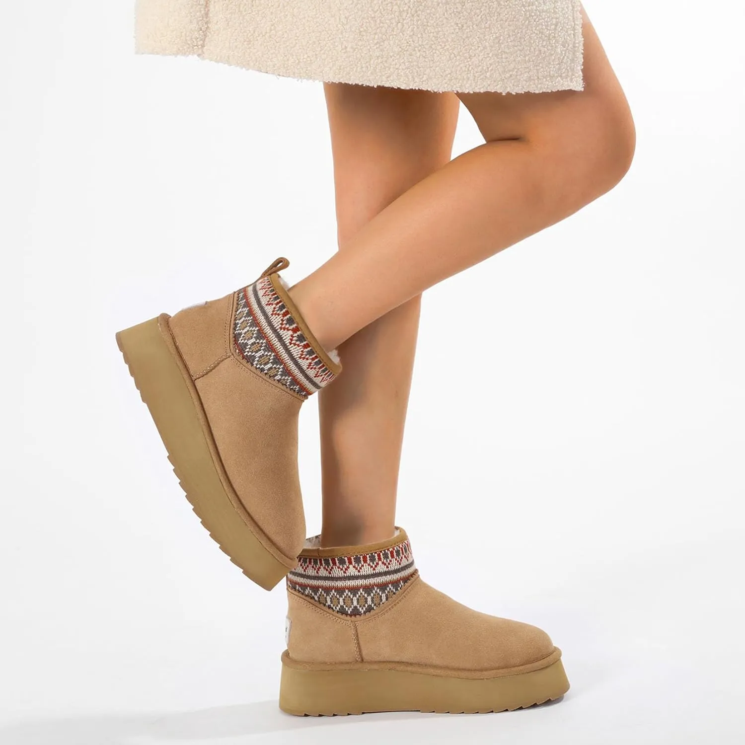 Mel&Syd Sheepskin Boots Boho Vintage Tribal Knitted Classic Ultra Mini Ankle Winter Boots Height Increasing Shoes for Women Rubber Anti-Slip Shearling Furry Snow Booties Comfortable Warm Breathable