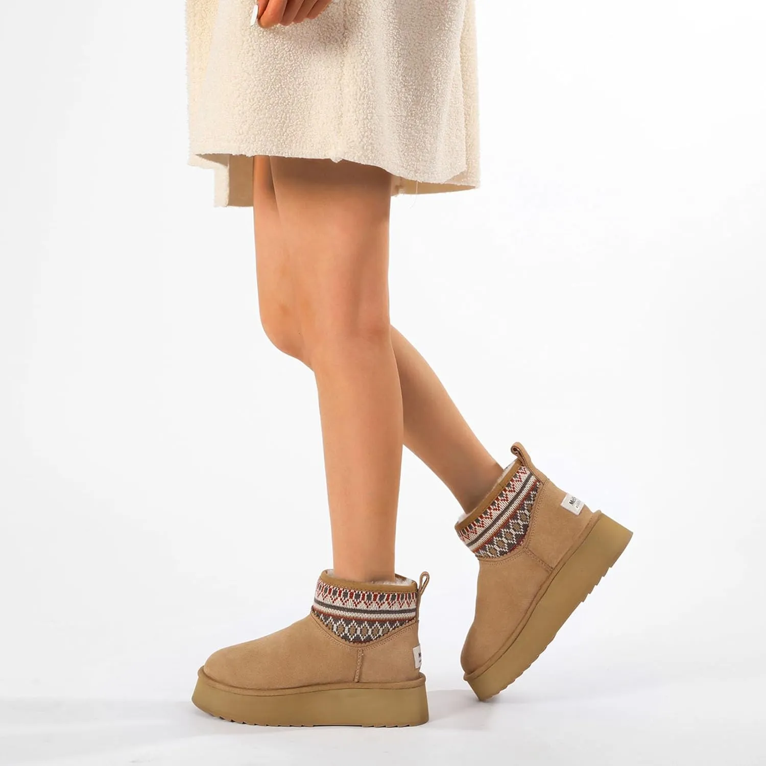 Mel&Syd Sheepskin Boots Boho Vintage Tribal Knitted Classic Ultra Mini Ankle Winter Boots Height Increasing Shoes for Women Rubber Anti-Slip Shearling Furry Snow Booties Comfortable Warm Breathable
