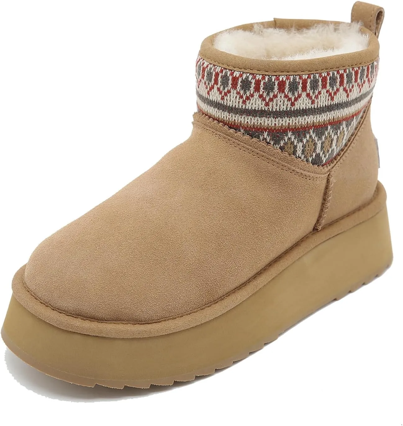 Mel&Syd Sheepskin Boots Boho Vintage Tribal Knitted Classic Ultra Mini Ankle Winter Boots Height Increasing Shoes for Women Rubber Anti-Slip Shearling Furry Snow Booties Comfortable Warm Breathable