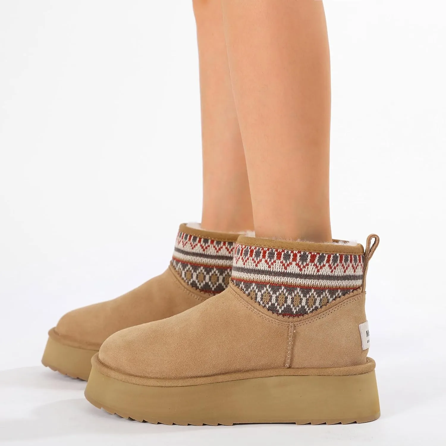 Mel&Syd Sheepskin Boots Boho Vintage Tribal Knitted Classic Ultra Mini Ankle Winter Boots Height Increasing Shoes for Women Rubber Anti-Slip Shearling Furry Snow Booties Comfortable Warm Breathable