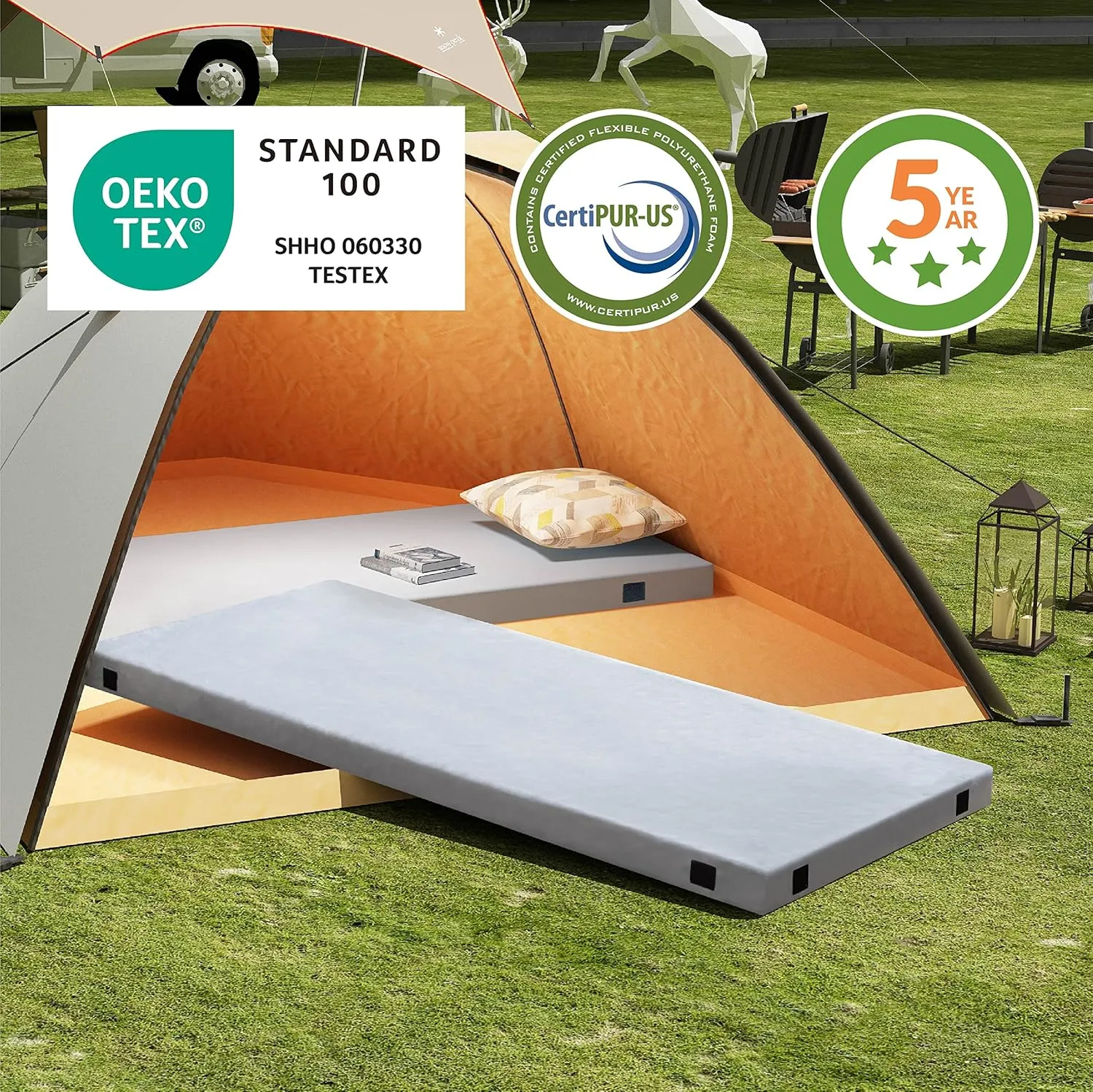 Memory Foam Camping Mattress 2.5 inch, Twin XL Portable Roll Up Camping Sleep Topper with Waterproof and Non-Slip Bottom, Camping Car Mat with Travel Bag, 79"×38"×2.5", Grey