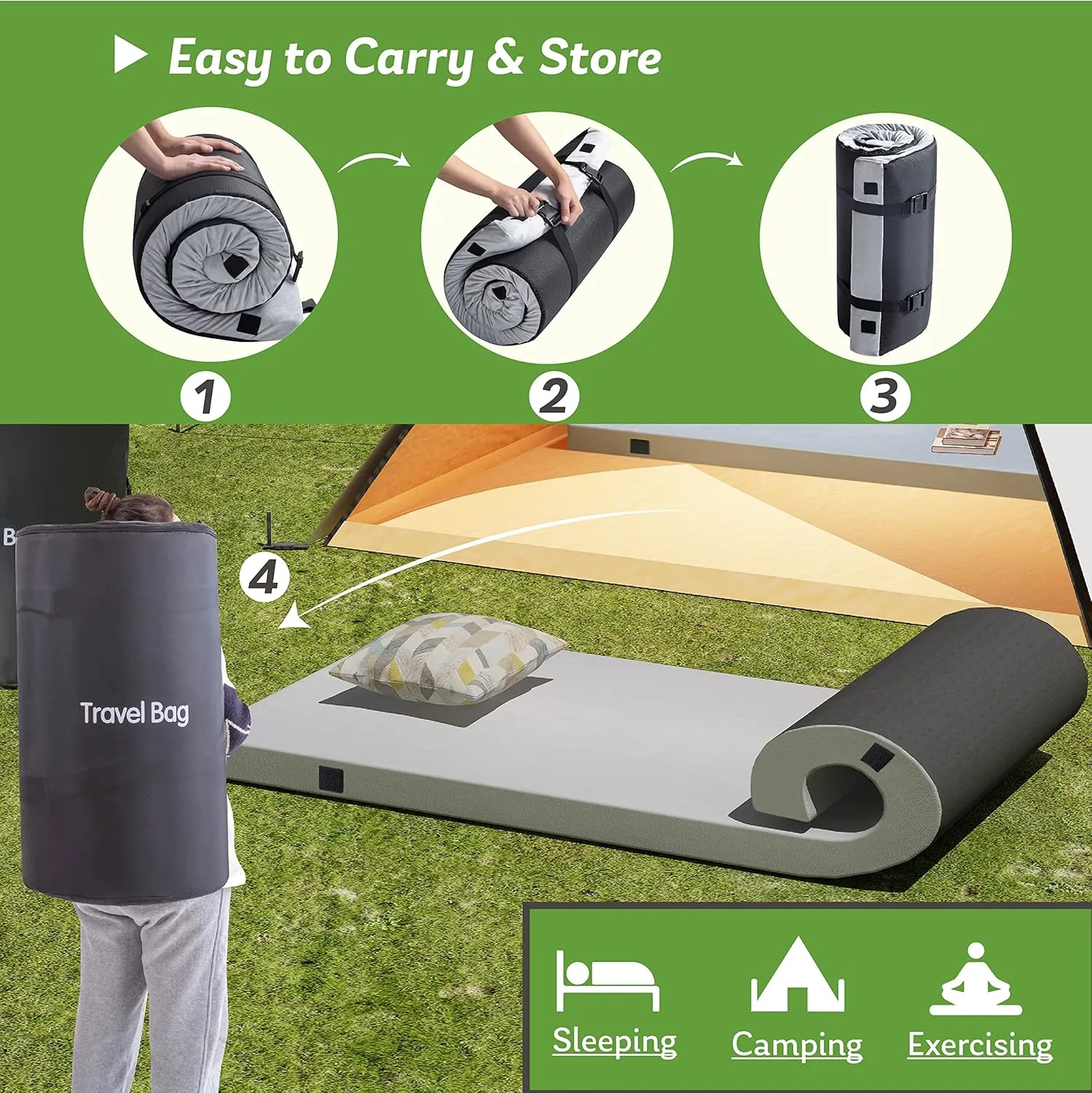 Memory Foam Camping Mattress 2.5 inch, Twin XL Portable Roll Up Camping Sleep Topper with Waterproof and Non-Slip Bottom, Camping Car Mat with Travel Bag, 79"×38"×2.5", Grey