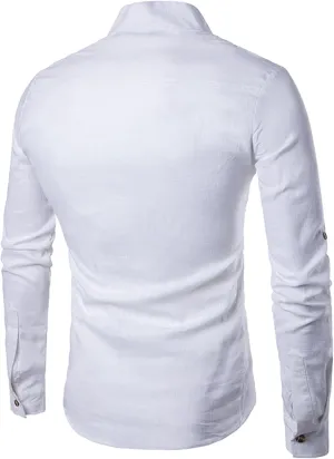Men's Henley Linen Long Sleeve Shirts Casual Button-Down Shirts Roll-Up Slim Fit Tee Top