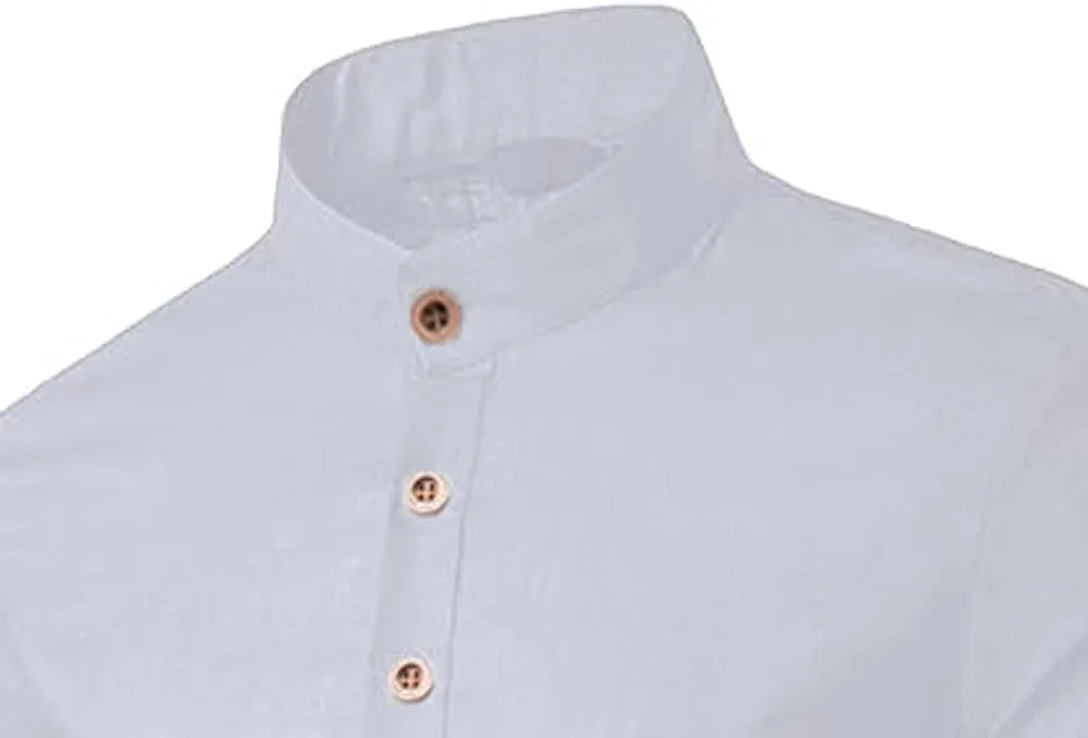 Men's Henley Linen Long Sleeve Shirts Casual Button-Down Shirts Roll-Up Slim Fit Tee Top