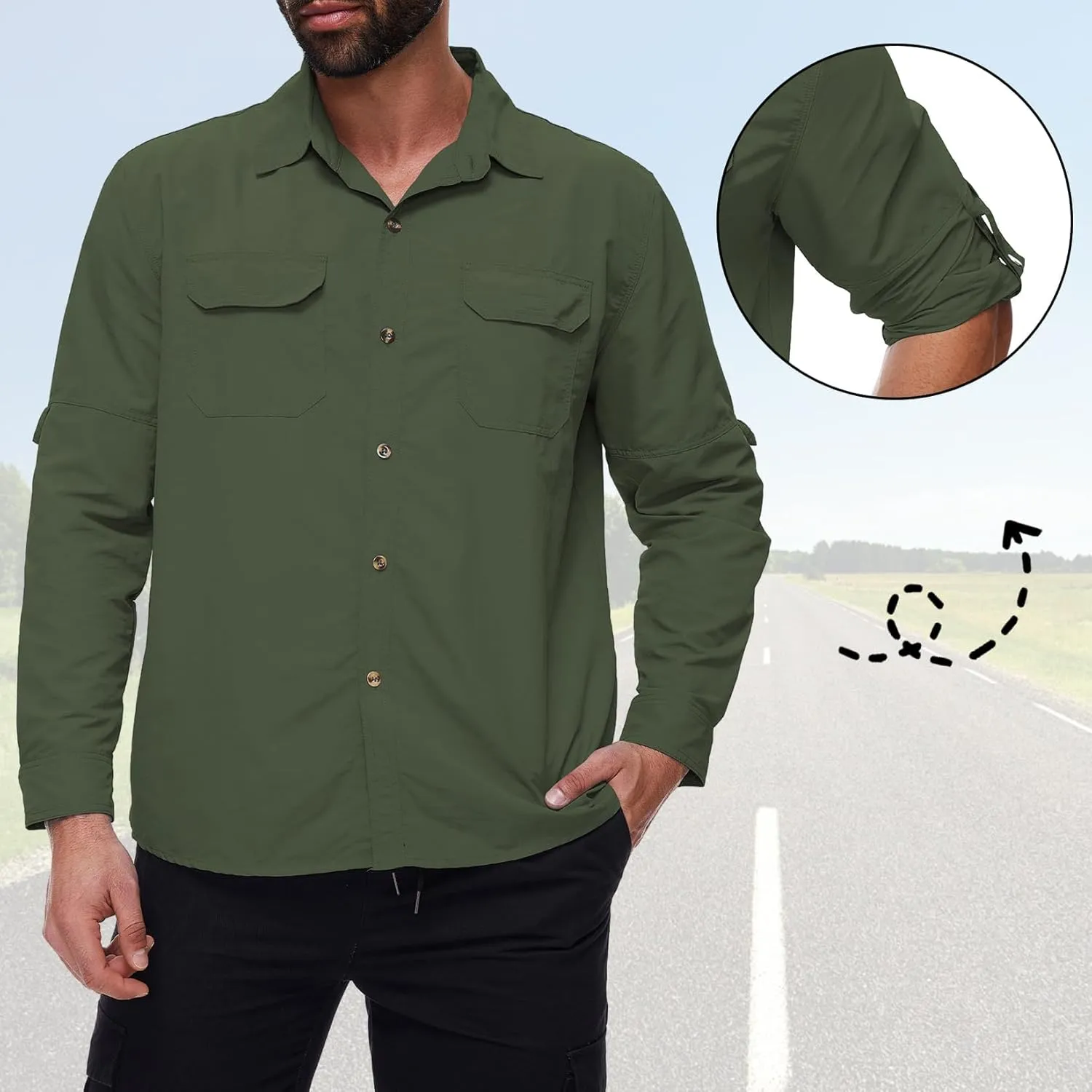 Mens Long Sleeve Fishing Shirts Sun Protection Work Safari Cooling Shirts for Men Traveling Hiking Camping Quick Dry