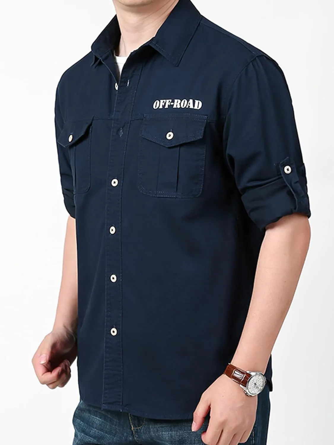 Men's Roll-Up Sleeve Cargo Work Shirts with Pockets