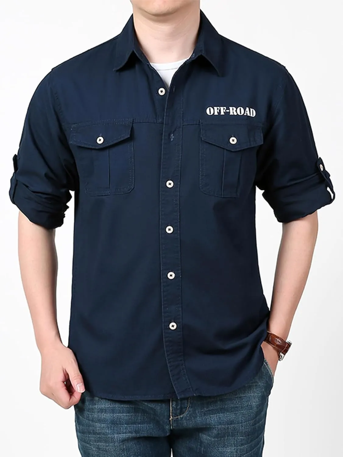 Men's Roll-Up Sleeve Cargo Work Shirts with Pockets