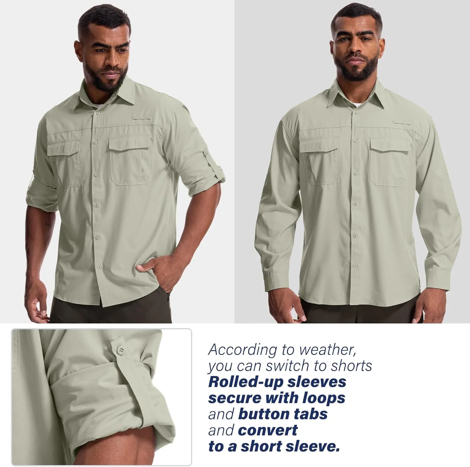 Mens Safari Sun Shirts UPF 50  UV Sun Protection Long Sleeve Outdoor Quick Dry Fishing Hiking Gardening Shirts