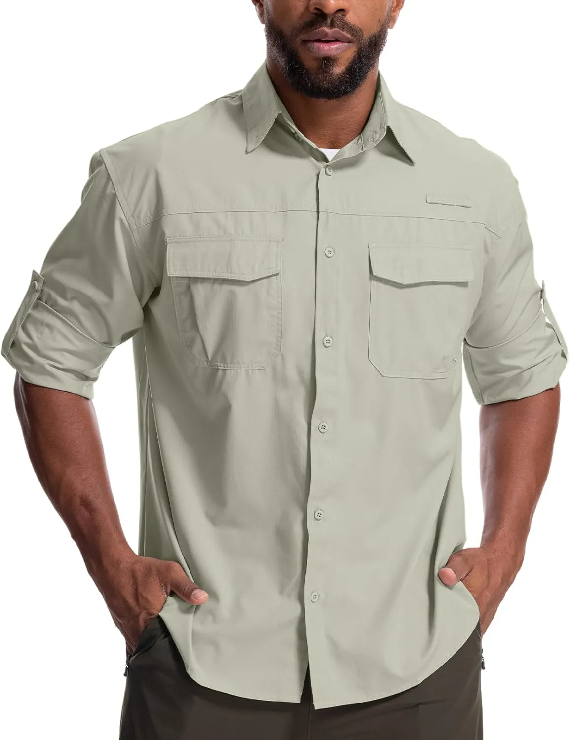 Mens Safari Sun Shirts UPF 50  UV Sun Protection Long Sleeve Outdoor Quick Dry Fishing Hiking Gardening Shirts