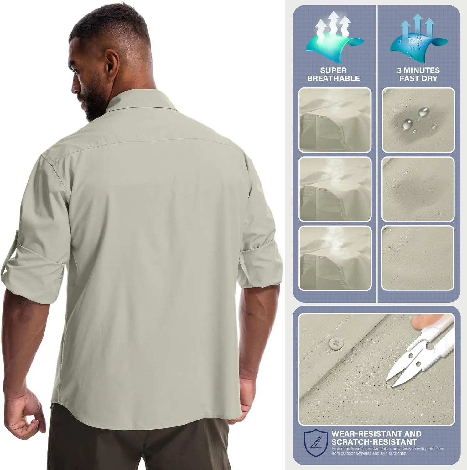 Mens Safari Sun Shirts UPF 50  UV Sun Protection Long Sleeve Outdoor Quick Dry Fishing Hiking Gardening Shirts