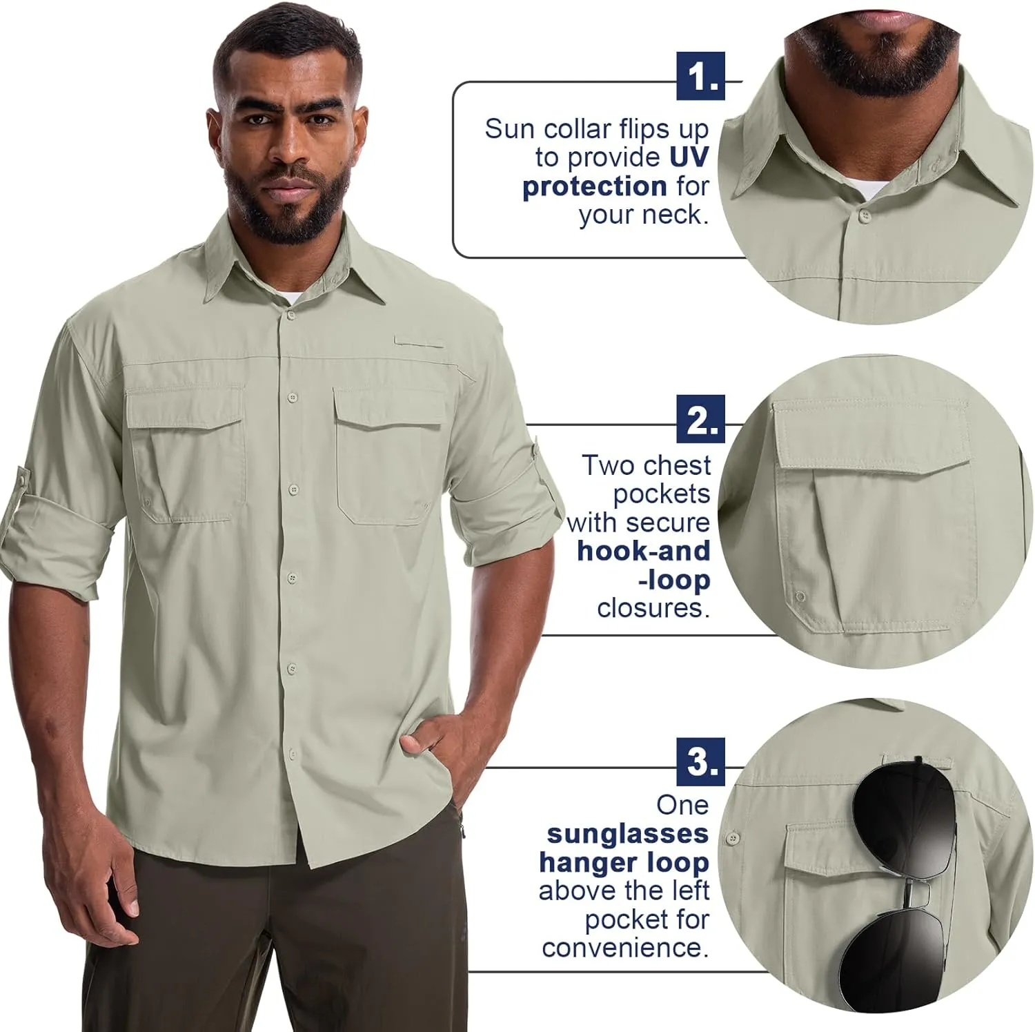 Mens Safari Sun Shirts UPF 50  UV Sun Protection Long Sleeve Outdoor Quick Dry Fishing Hiking Gardening Shirts