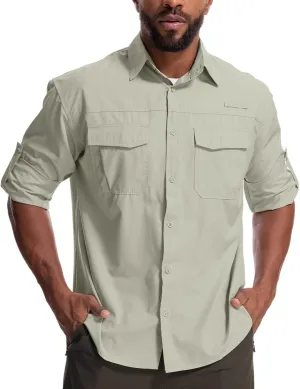 Mens Safari Sun Shirts UPF 50  UV Sun Protection Long Sleeve Outdoor Quick Dry Fishing Hiking Gardening Shirts