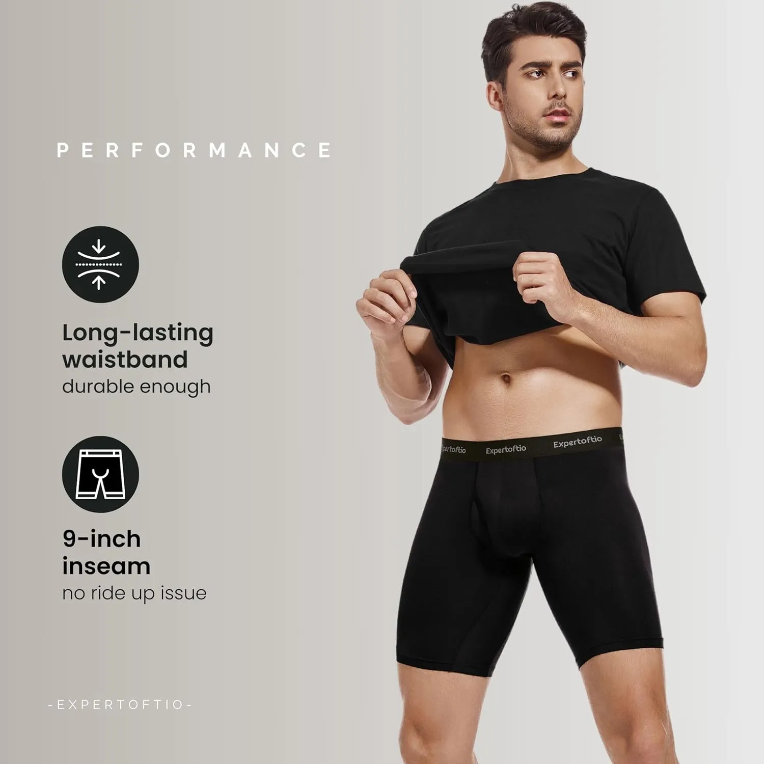 Men's Underwear 9 Inch Long Leg Boxer Briefs for Men, Performance, Moisture Wicking Pack, Anting Chafing, Fly