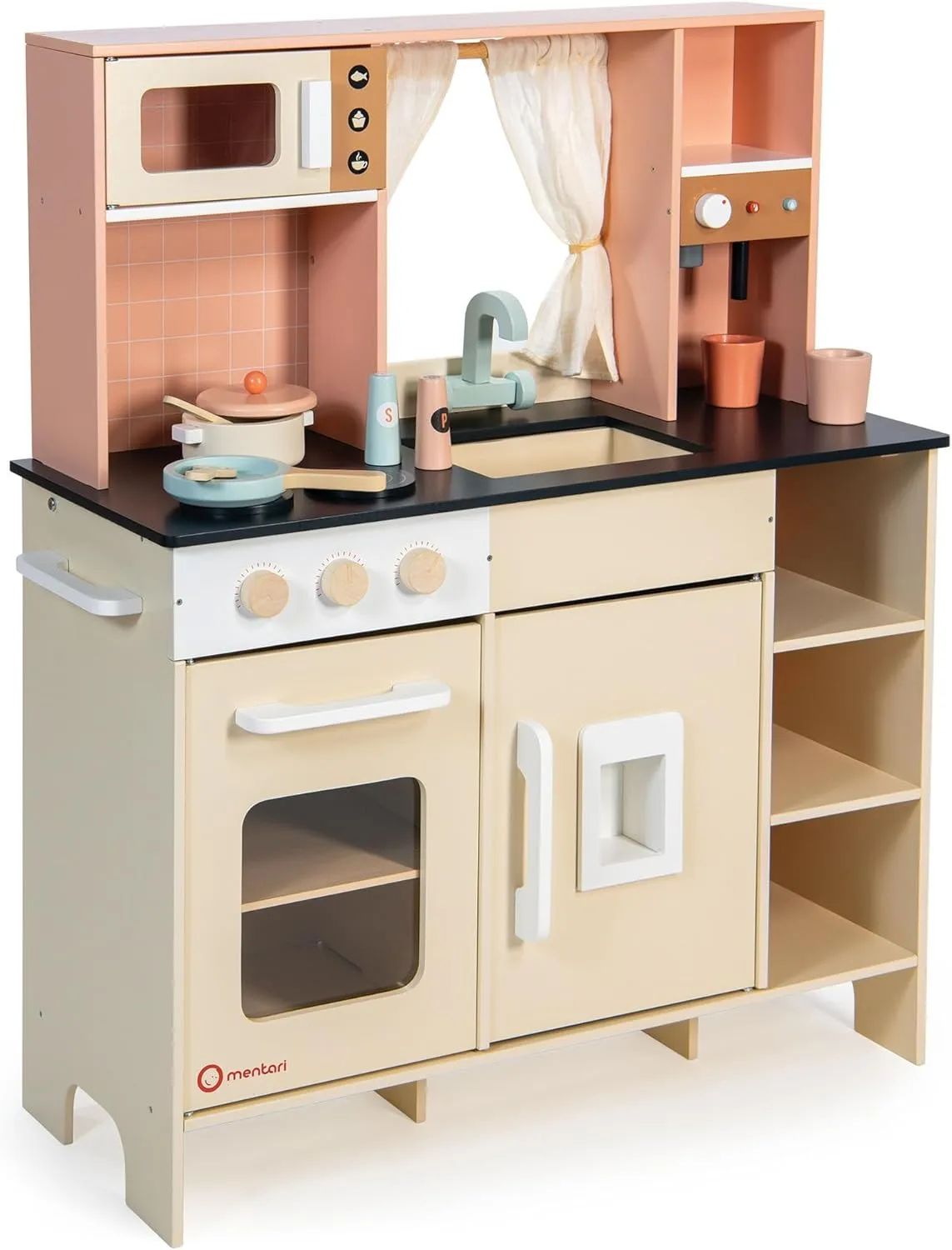 Mentari Toys - Cream Play Kitchen - Wooden Kitchen Playset with Espresso Maker, Ice Dispenser and Microwave for Kids - Encourages Imagination, Fine Motor Skills, and Everyday Routine Learning - Age 3 