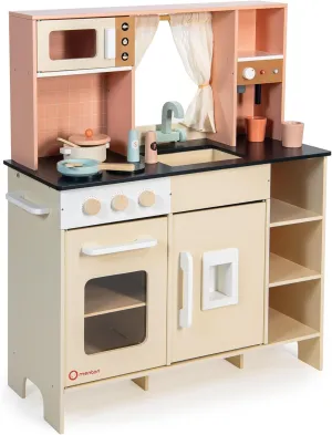 Mentari Toys - Cream Play Kitchen - Wooden Kitchen Playset with Espresso Maker, Ice Dispenser and Microwave for Kids - Encourages Imagination, Fine Motor Skills, and Everyday Routine Learning - Age 3 