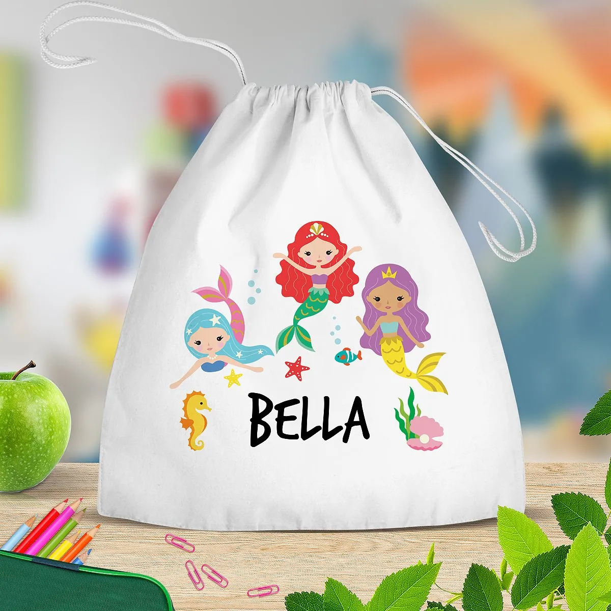 Mermaids White Drawstring Bag