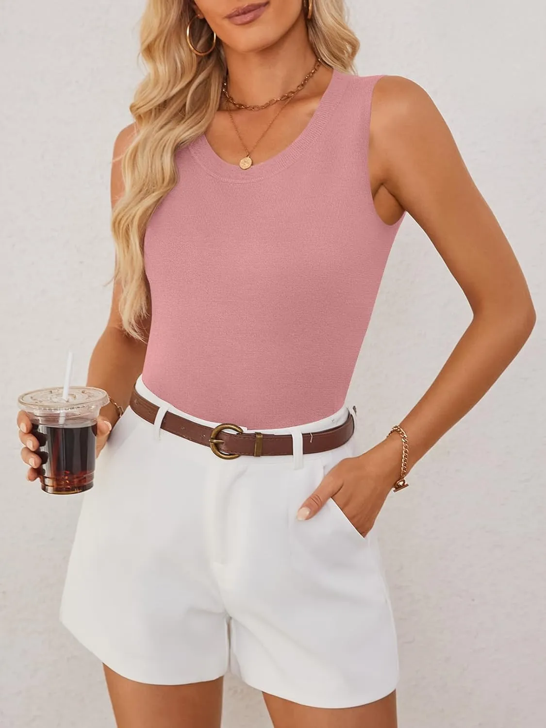 MEROKEETY Women's Summer Casual Sleeveless Tank Tops 2025 Crew Neck Knit Basic Trendy T Shirts