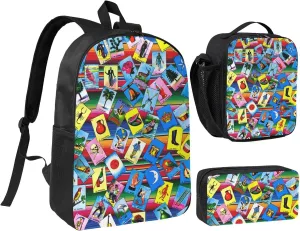 Mexican Loteria Cards Backpack Crossbody Lunch Bag Pencil Case 3Pcs Set Lightweight Double Shoulder Bag With Insulated Lunch Box Pen Bags