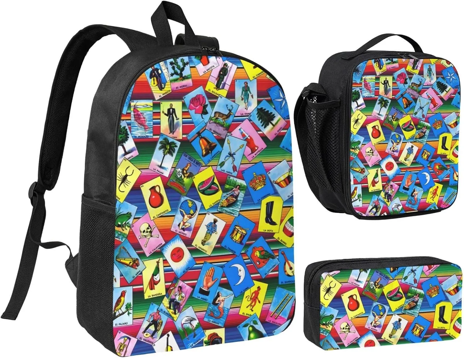 Mexican Loteria Cards Backpack Crossbody Lunch Bag Pencil Case 3Pcs Set Lightweight Double Shoulder Bag With Insulated Lunch Box Pen Bags