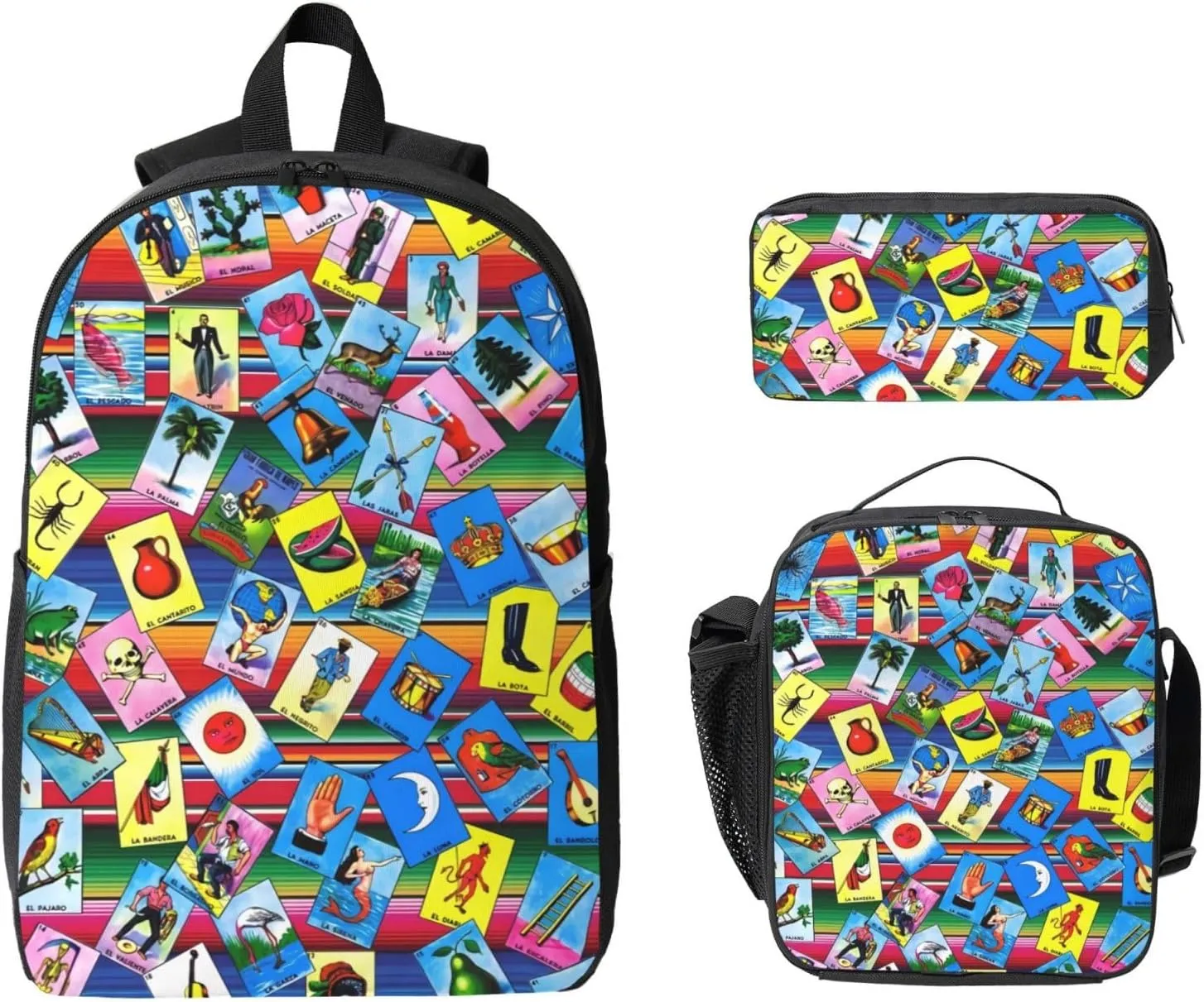 Mexican Loteria Cards Backpack Crossbody Lunch Bag Pencil Case 3Pcs Set Lightweight Double Shoulder Bag With Insulated Lunch Box Pen Bags