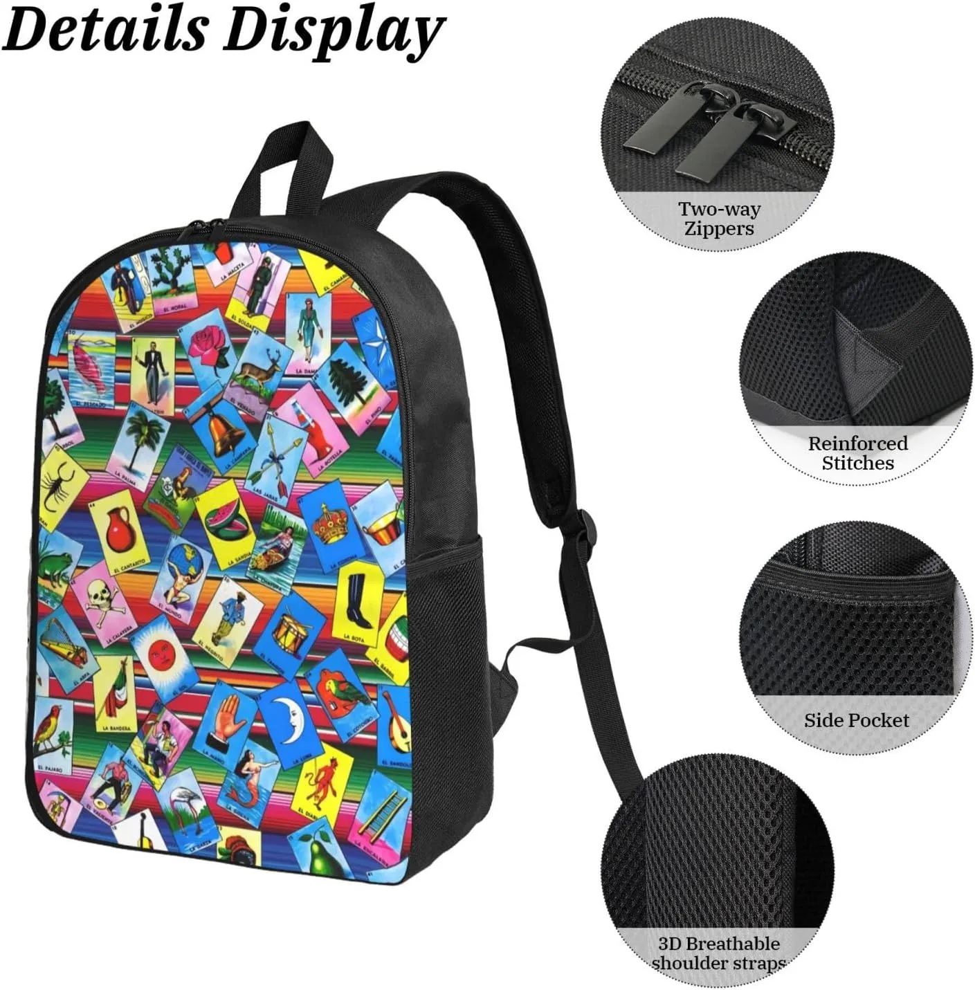 Mexican Loteria Cards Backpack Crossbody Lunch Bag Pencil Case 3Pcs Set Lightweight Double Shoulder Bag With Insulated Lunch Box Pen Bags