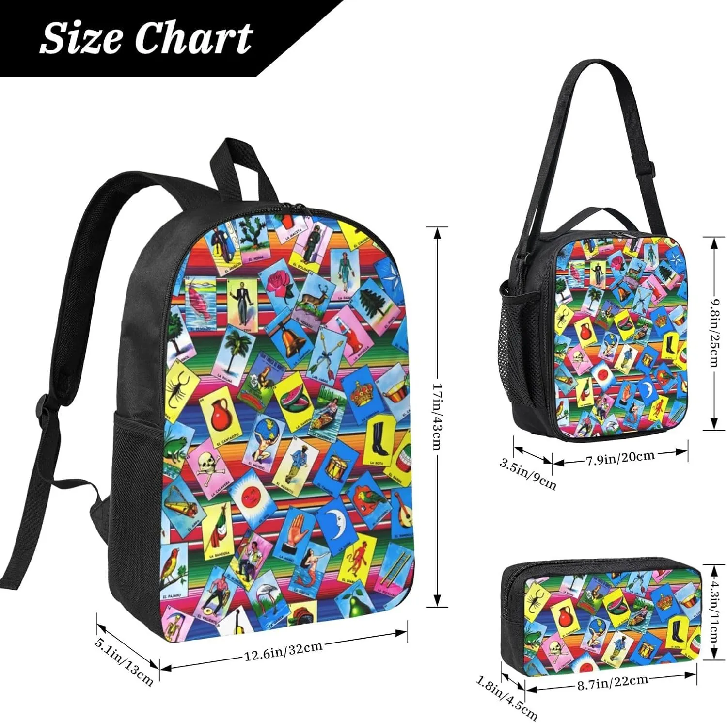 Mexican Loteria Cards Backpack Crossbody Lunch Bag Pencil Case 3Pcs Set Lightweight Double Shoulder Bag With Insulated Lunch Box Pen Bags
