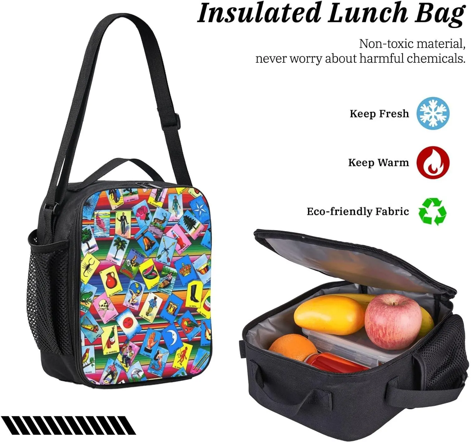Mexican Loteria Cards Backpack Crossbody Lunch Bag Pencil Case 3Pcs Set Lightweight Double Shoulder Bag With Insulated Lunch Box Pen Bags