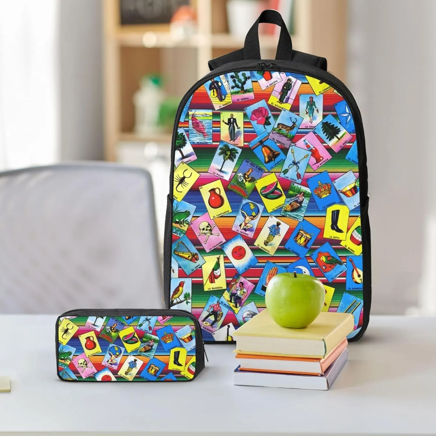 Mexican Loteria Cards Backpack Crossbody Lunch Bag Pencil Case 3Pcs Set Lightweight Double Shoulder Bag With Insulated Lunch Box Pen Bags